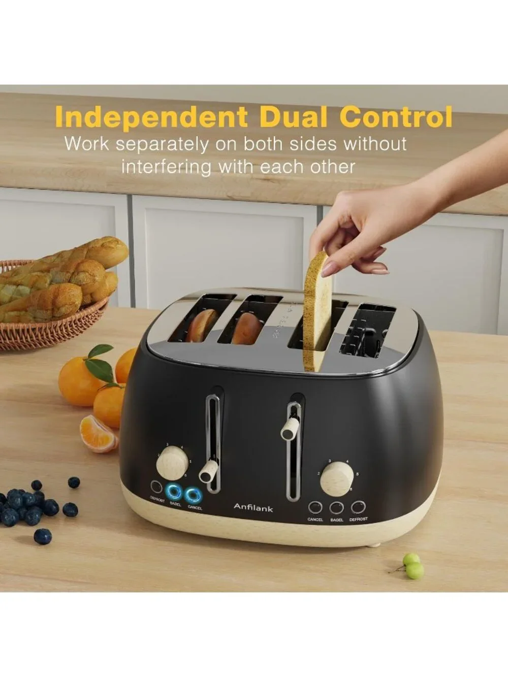 4 Slice Matt Black Retro Stainless Steel Extra Wide Slots Cancel Toaster